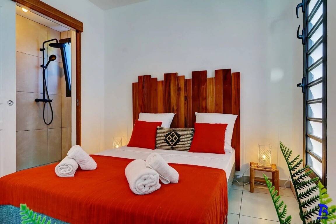 Chambre avec tête de lit en bois massif et salle d'eau attenante